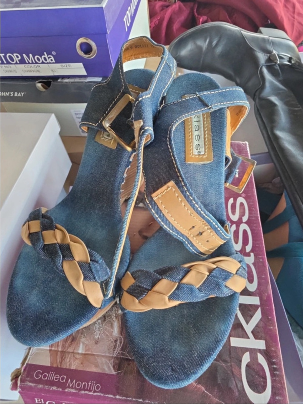 Denim & Tan Braided Wedge Sandals - Women